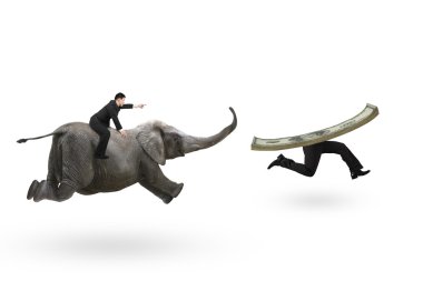 Man with pointing finger riding elephant running after money clipart