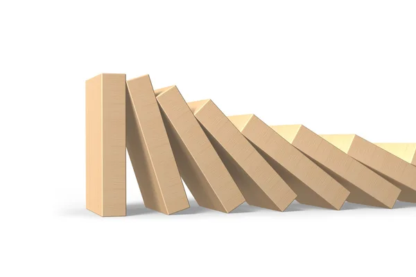 Wood dominoes falling with last piece standing, 3D illustration. — Stock Photo, Image