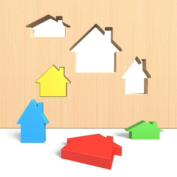3d Haus Form Löcher in Planke mit vier bunten Häusern — Stockfoto