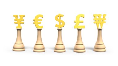 Altın para sembolü ile Para satranç, 3d illüstrasyon.