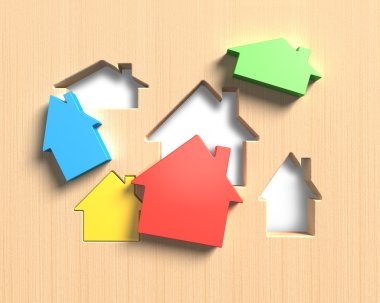 3D farklı renkli evleri ev şekli delik ahşap tahta uygun