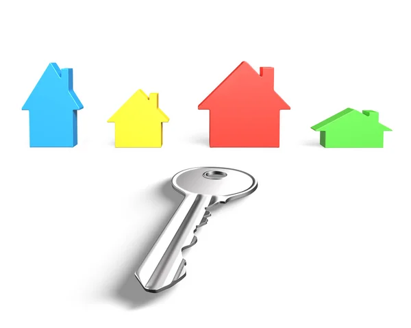 3D four colorful houses and one silver key — Stock Photo, Image