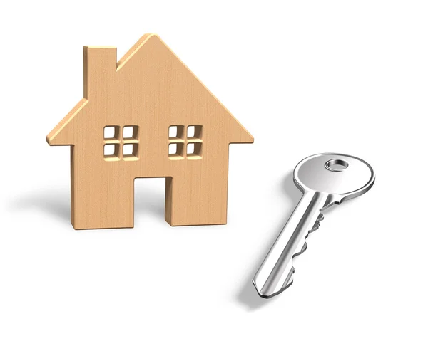 3D drewniany dom i srebrny klucz — Zdjęcie stockowe