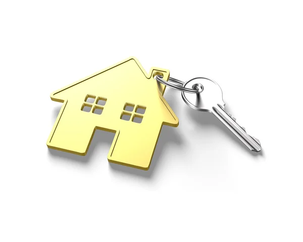 3D klucz srebrny i Złoty dom kształt breloczek — Zdjęcie stockowe