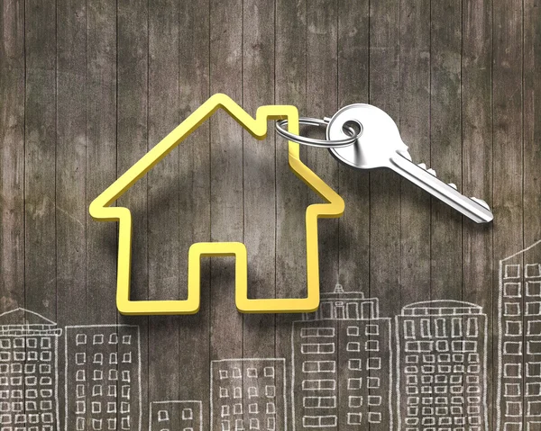 Srebrny klucz i dom kształt breloczek do kluczy — Zdjęcie stockowe