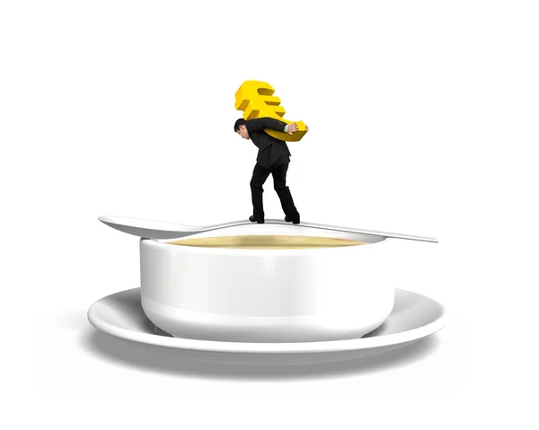 Человек, несущий знак евро, балансирующий на ложке с миской для супа — стоковое фото
