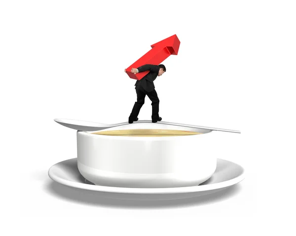 Hombre llevando flecha hacia arriba balanceándose en cuchara con plato de sopa —  Fotos de Stock