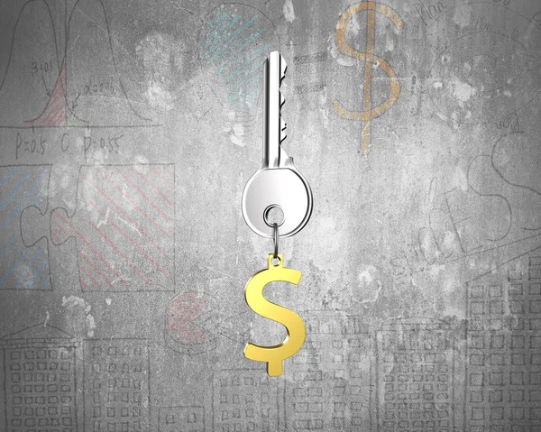 Silver key with golden dollar sign shape keyring — Stock Photo, Image