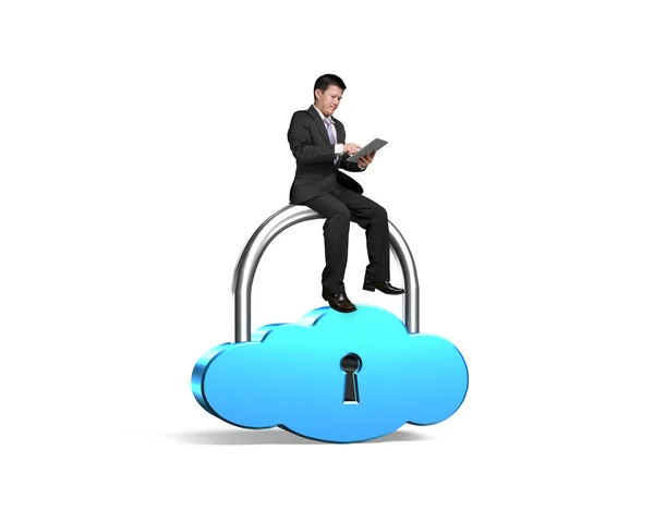 Man sitting on cloud shape lock using smart tablet — Stock Photo, Image