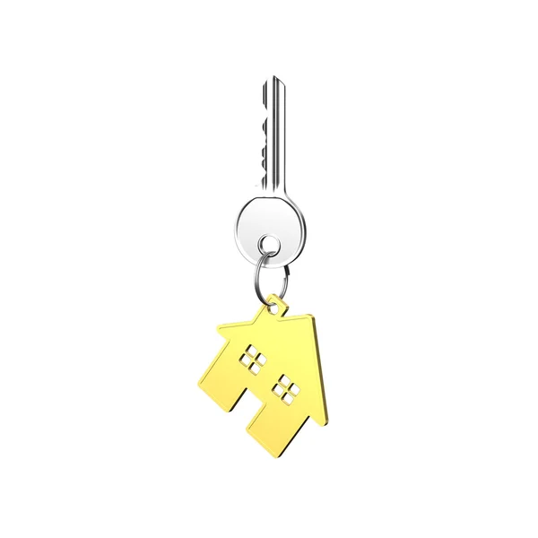 Silver key with house shape keyring, 3D rendering — Stock Photo, Image