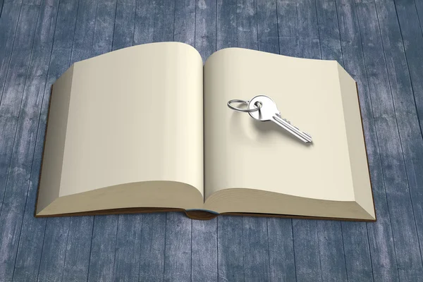 Book opening with key and vintage wood table, 3D rendering — Stock Photo, Image