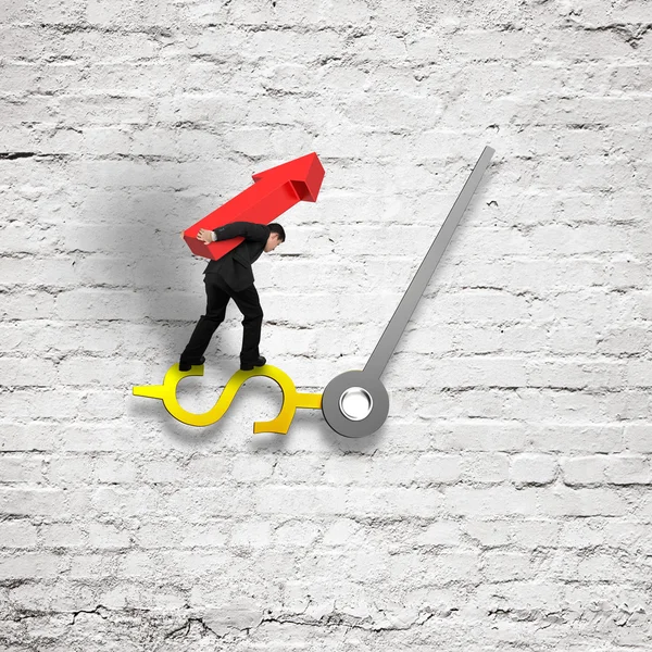 Business carrying red arrow balancing on clock hand with old bri — Stock Photo, Image