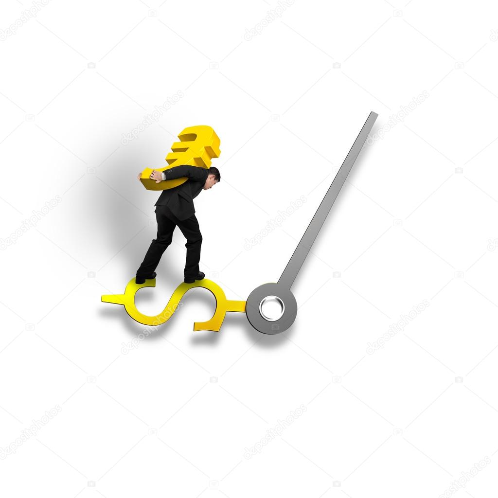 Carrying gold Euro sign balancing on money clock hand isolated i