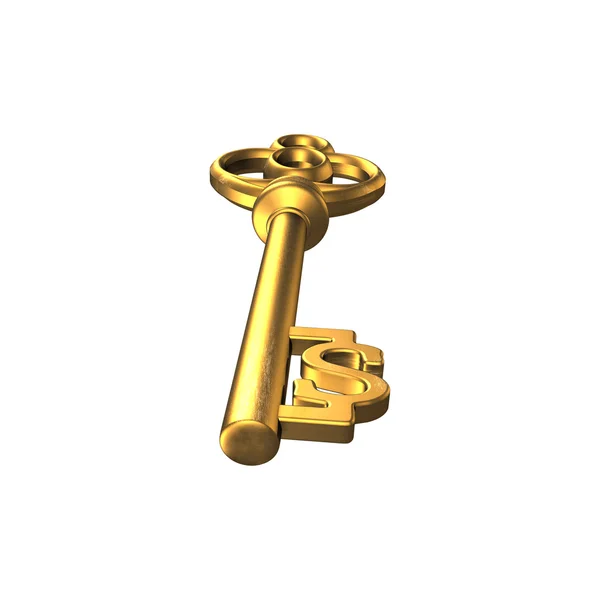 Dollar shape golden treasure key isolated in white , 3D renderin — Stock Photo, Image