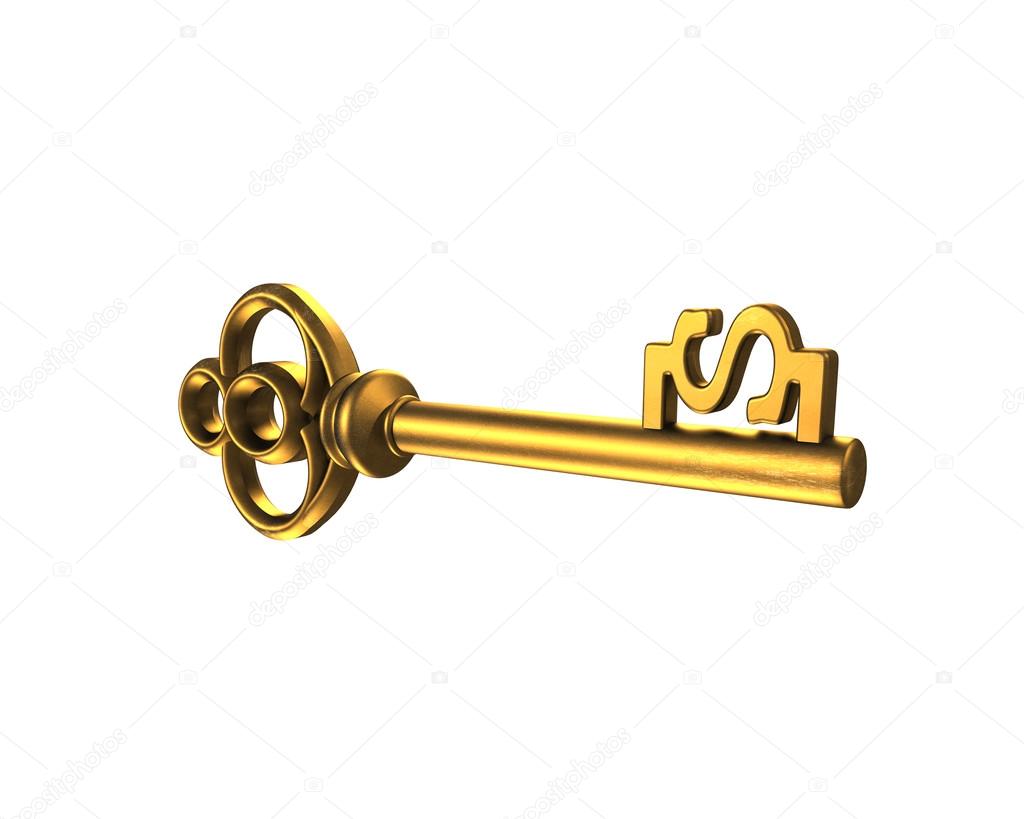 Gold treasure key in dollar shape, 3D rendering
