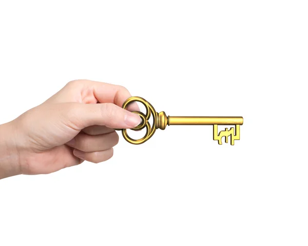 Ręka trzyma złoty skarb klucz w kształcie symbol Funt — Zdjęcie stockowe