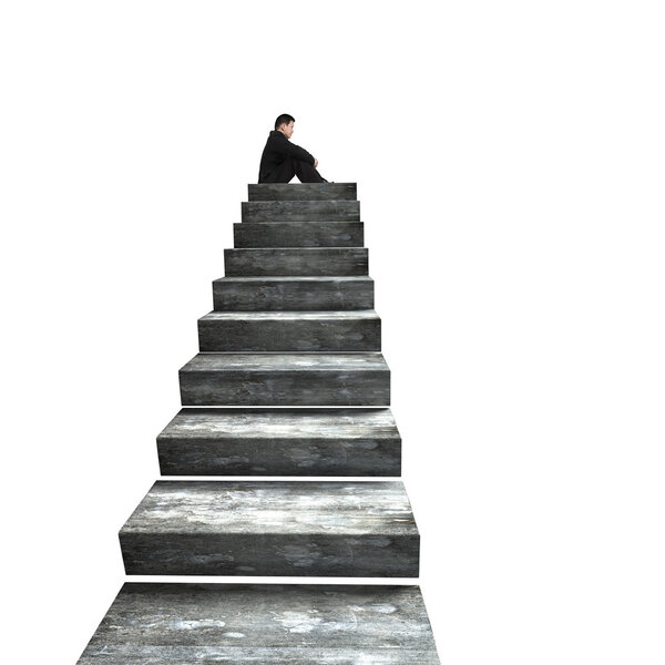 Side view of man sitting on top of concrete stairs, isolated on white background.