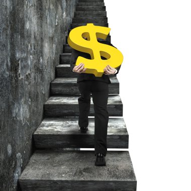 Eski beton merdiven çıkma taşıyan Altın dolar işareti adam