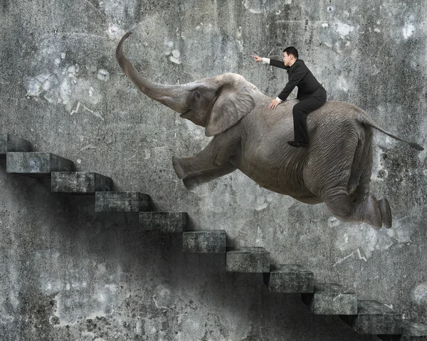 Geschäftsmann mit erhobenem Zeigefinger reitet auf Elefant — Stockfoto