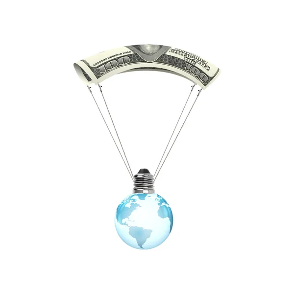 Light bulb of globe shape with money parachute — Stock Photo, Image