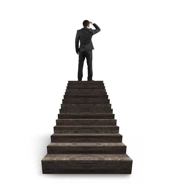 Επιχειρηματίας ατενίζοντας πάνω σε ξύλινες σκάλες — Φωτογραφία Αρχείου