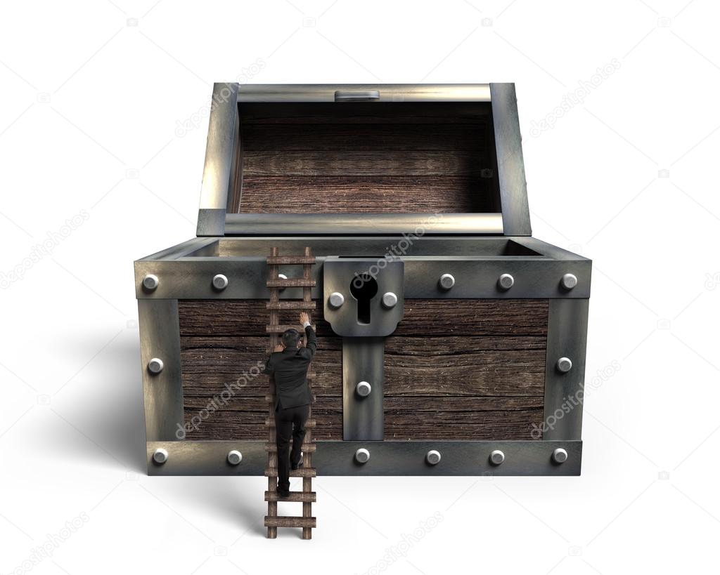 Man climbing on wooden ladder with opened old treasure chest