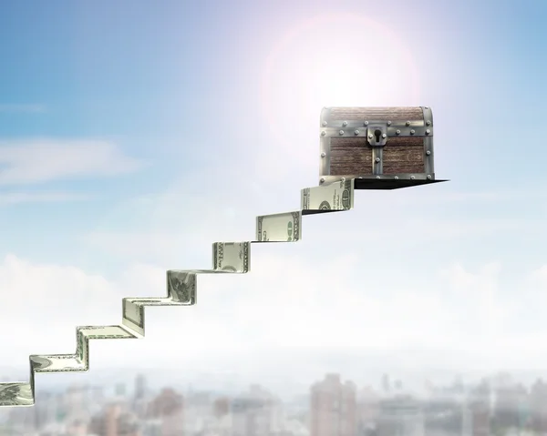 Old treasure chest on money stairs, 3D rendering — Stock Photo, Image