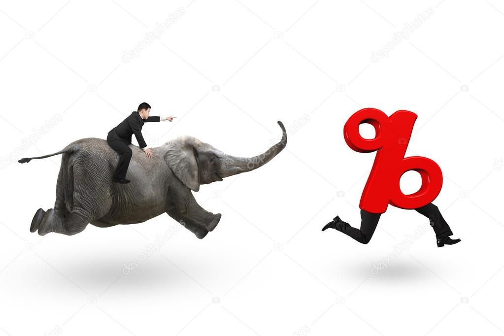 Businessman riding elephant running after percentage sign