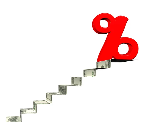 Signo de porcentaje en la parte superior de las escaleras de dinero, representación 3D —  Fotos de Stock