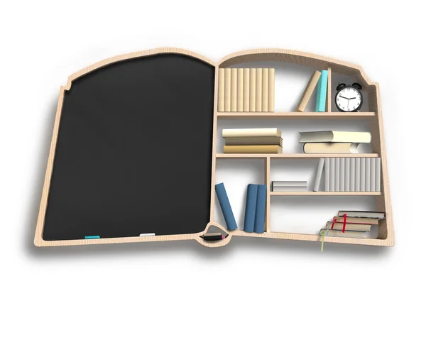 Blackboard and bookshelf in book shape — Stock Photo, Image