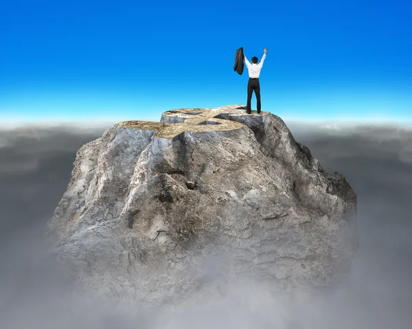 Geld-Symbol gestaltet felsigen Berg mit jubelndem Geschäftsmann — Stockfoto
