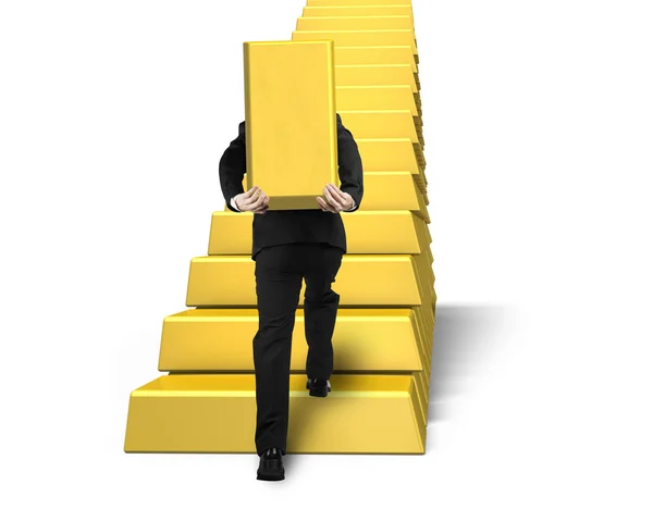 Carrying bullion climbing on gold stairs — Stock Photo, Image