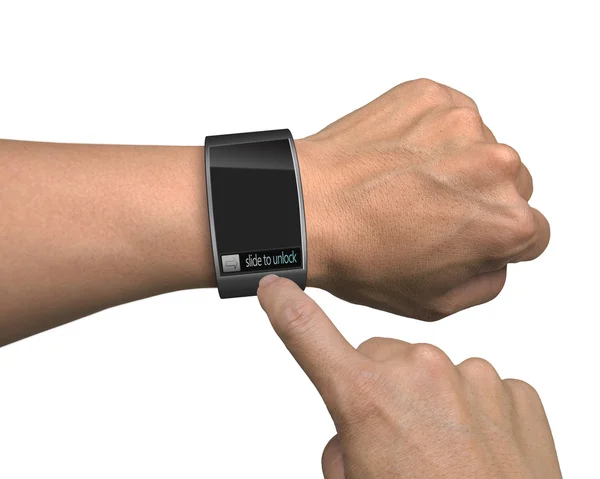 Hand with smart watch and finger touch screen — Stock Photo, Image