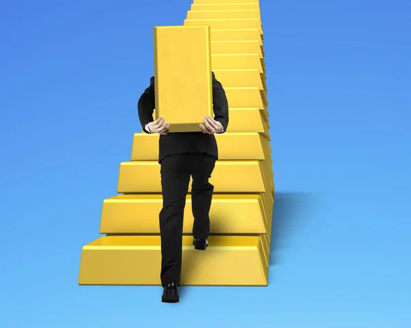 Man carrying bullion and climbing gold stairs — Stock Photo, Image