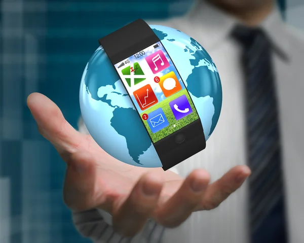 Ultradünne Smartwatch auf dem Globus in der Hand des Menschen — Stockfoto