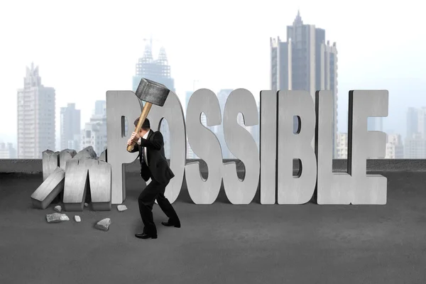Businessman hold sledgehammer to smash impossible 3D concrete wo — Stock Photo, Image