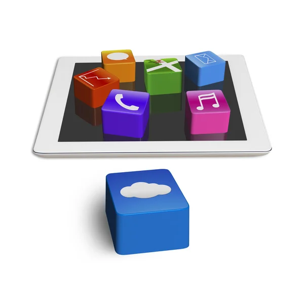 Group of app icons on empty pad with cloud cube — Stock Photo, Image