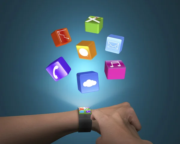 Hand touch ultra-thin smart watch with apps — Stock Photo, Image