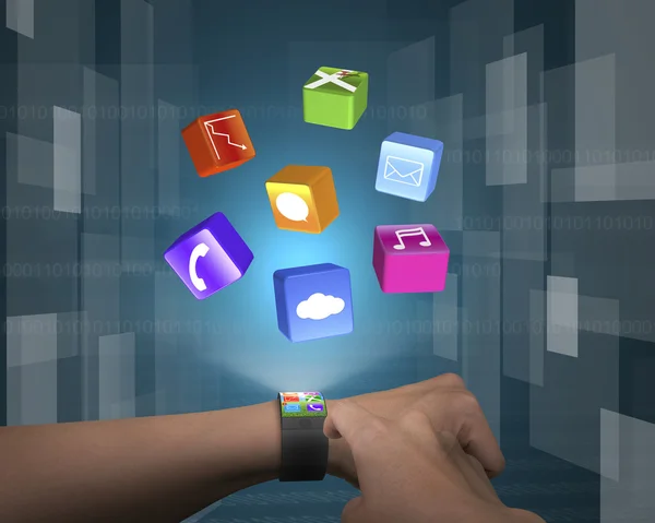 Male finger touch ultra slim smartwatch with apps — Stock Photo, Image