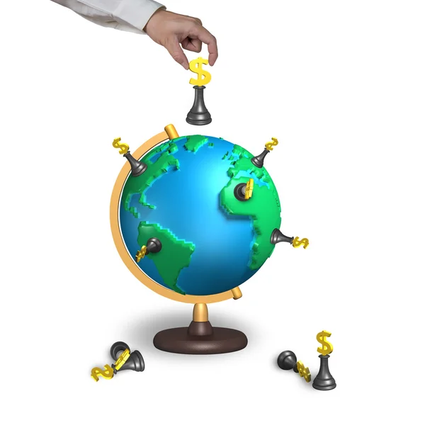 Mão segurando xadrez com mapa 3d globo terrestre — Fotografia de Stock