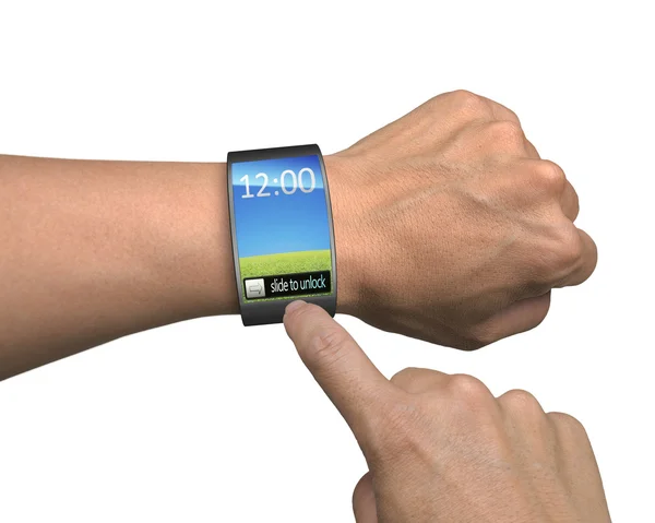 Mano con smartwatch y dedo toque pantalla colorida — Foto de Stock