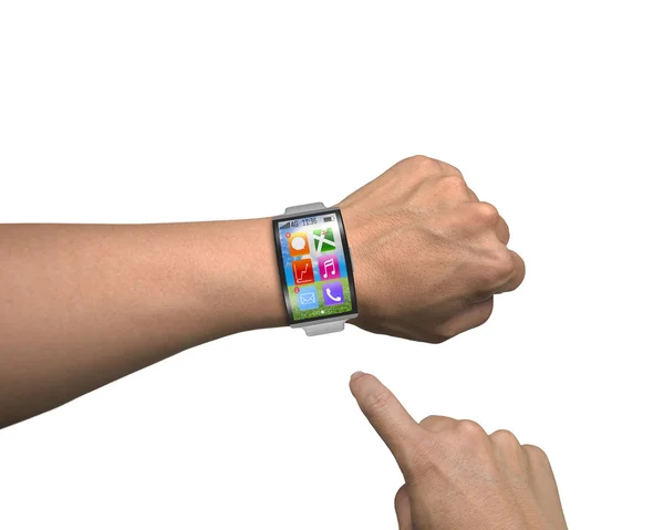 Hombre mano usando smartwatch con correa de reloj de metal — Foto de Stock