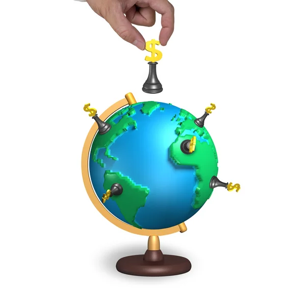 Hand houden Schaken met 3D-kaart terrestrische globe — Stockfoto