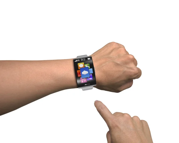 Man finger peka app ikoner av smartwatch med böjd skärm — Stockfoto