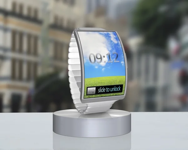 Gris courbé interface smartwatch sur vitrine avec bracelet en acier — Photo