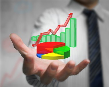 3D infographics tutan işadamı el üst üste