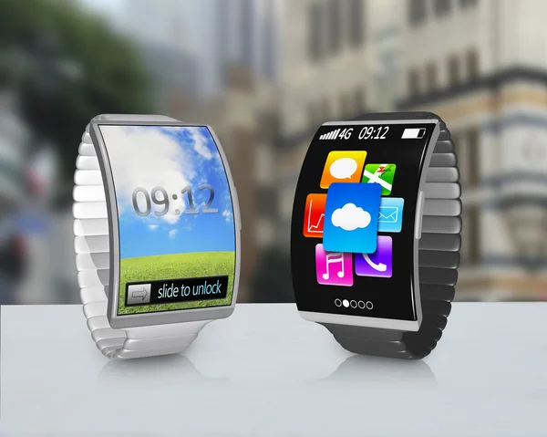 Par ultra-tunn böjd skärm smartwatch med metall klockarmband — Stockfoto