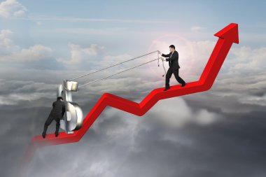 Doları hareketli iki iş adamları yukarı doğru kırmızı eğilim satırı imzalayın