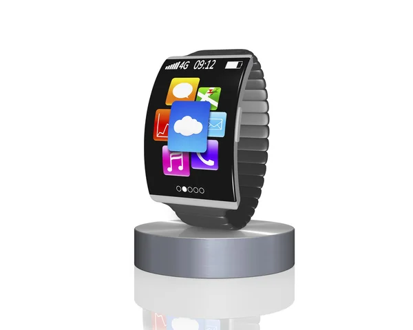 Dark grey bent interface smartwatch on showcase with metal watch — Stock Photo, Image