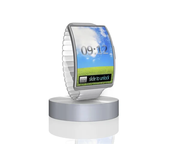 Krzywa szary ekran pokładzie smartwatch na gablota z taśmy stalowej zegarek — Zdjęcie stockowe